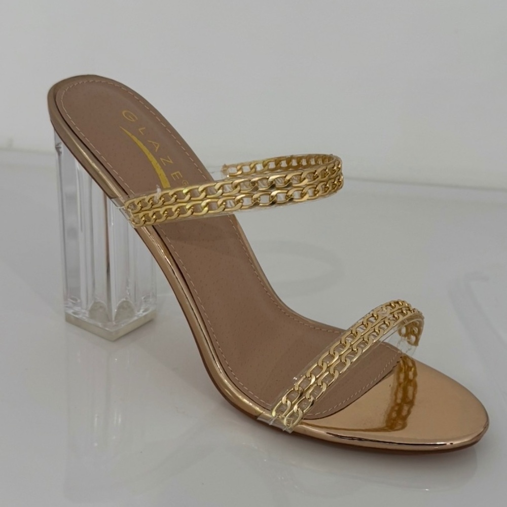 Glaze Element-2 Rose Gold Chain Strap Clear Heel Sandals Women’s Size 7 | NWB